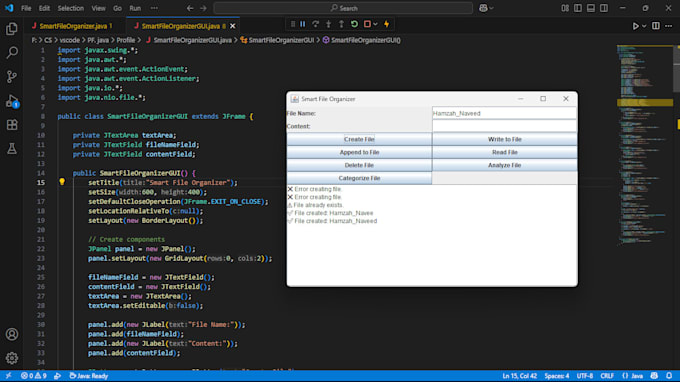develop a smart java swing file manager with gui, auto backup,and file analysis