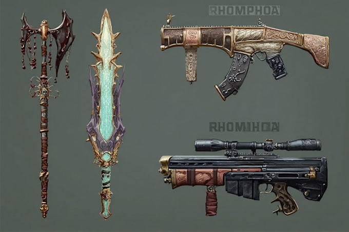 design creative concept art of weapons and items
