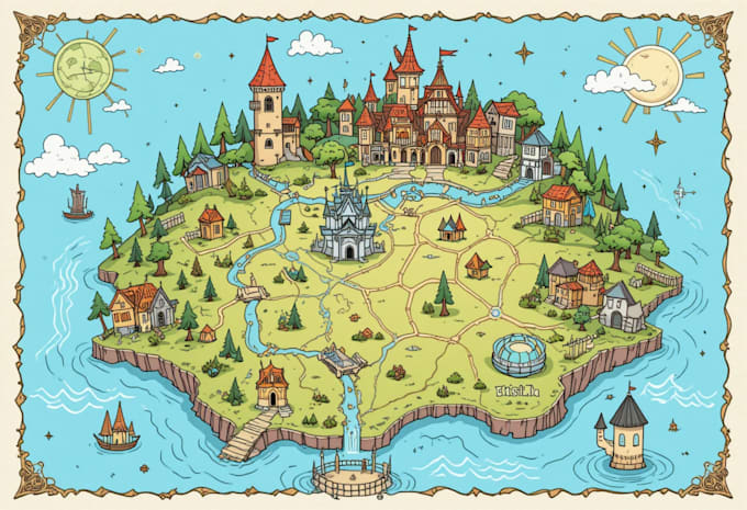 draw cartoon fantasy map illustration, doodle hand