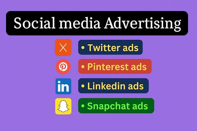 set up linkedin ads, pinterest ads, snapchat ads, twitter ads, facebook ads