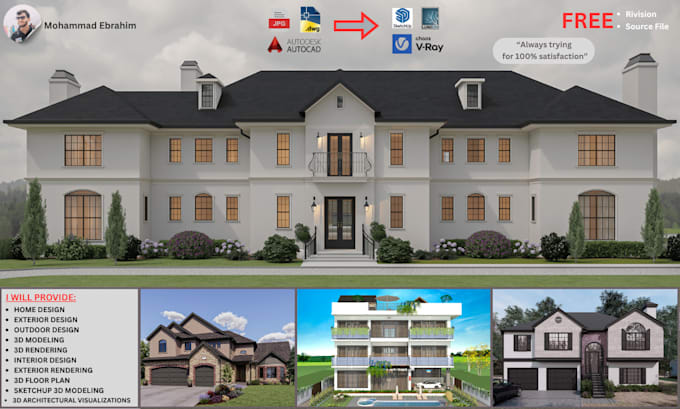 do 3d exterior design, outdoor, interior, 3d modeling and rendering by sketchup