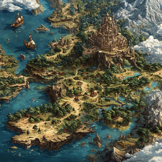 Draw a watercolor fantasy map or sourvenir map illustration by ...