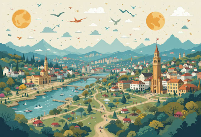 design a travel and event map, city illustration