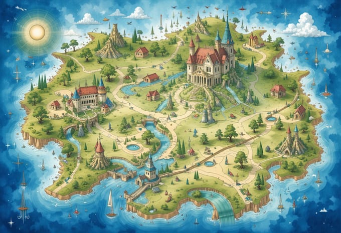 do a watercolor fantasy map or sourvenir map illustration