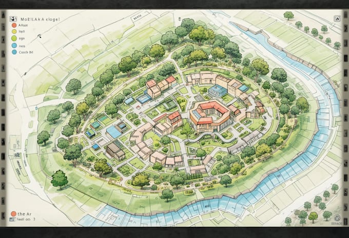 draw landscape sketch, colored site plan, map illustration