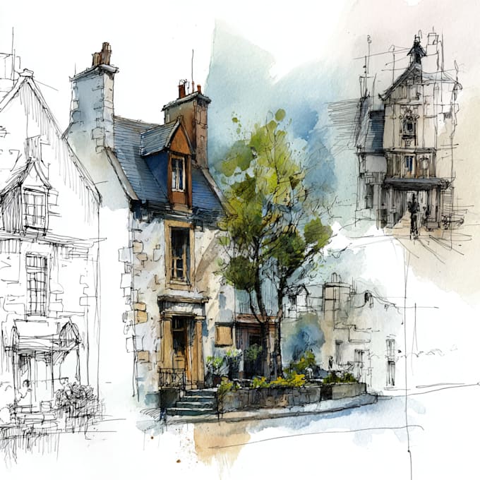 drawing line art sketch watercolor house, and other buildings