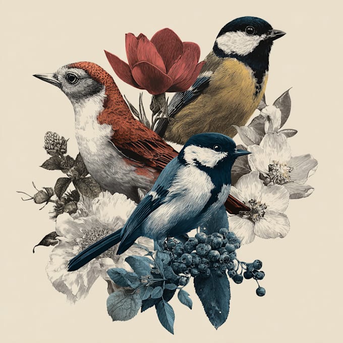 illustrate botanical and animal linocut vector illustration