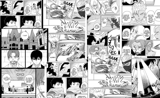 Draw a black and white comic book page detailed manga comic page anime ...