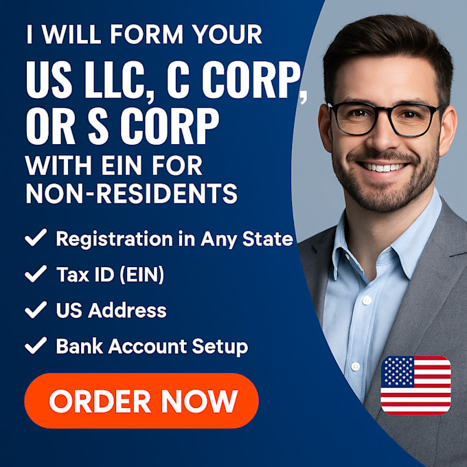 form us llc ,c corp, s corp with ein, itin, bank account for non resident
