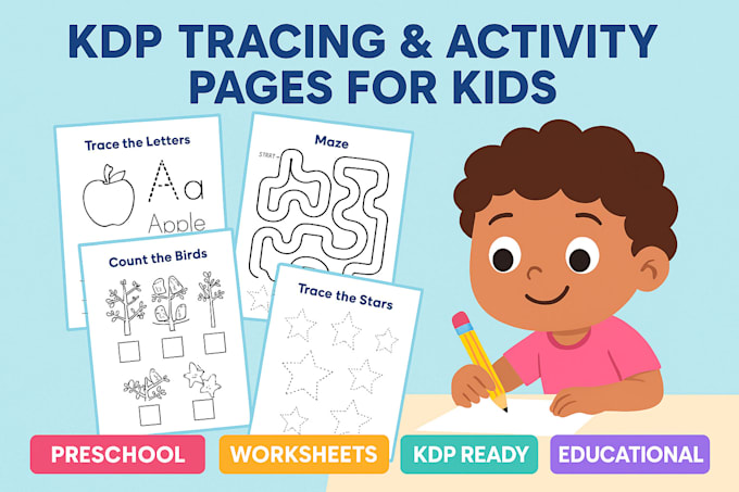 design KDP tracing worksheets and educational activity pages for kids
