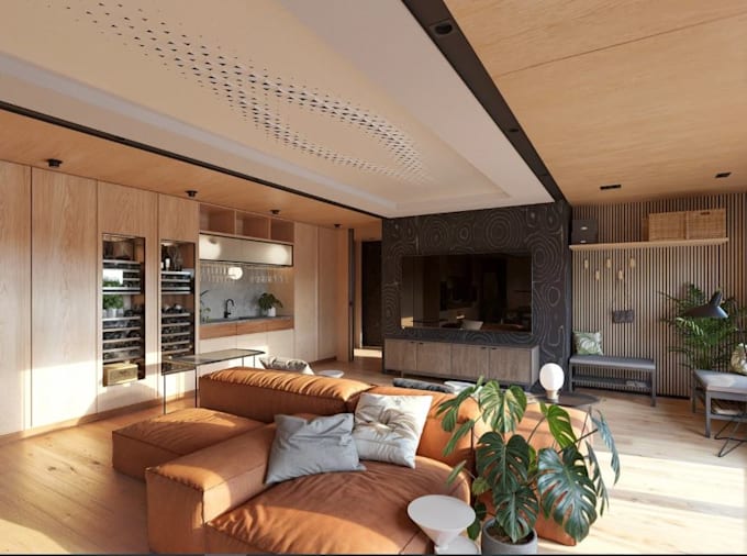 renovate luxury apartment interior, cozy open concept layout, warm wood accents