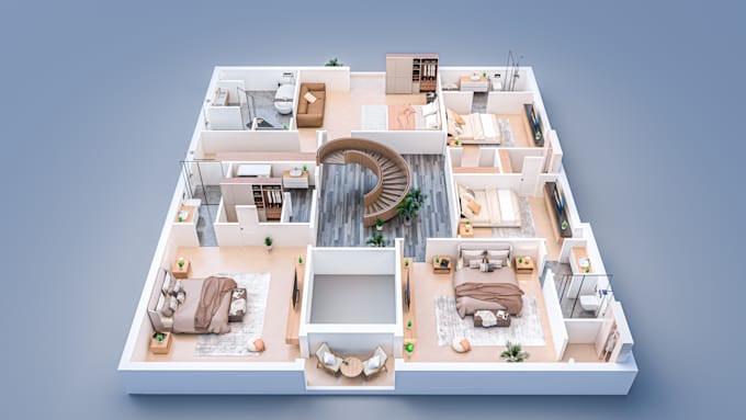 do realistic render of 2d and 3d floor plan with visualization