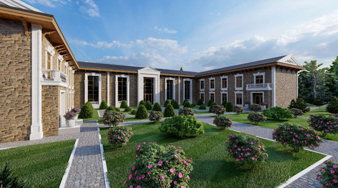 remodel facade hotel, realistic event hall, luxury suites, render lodging room