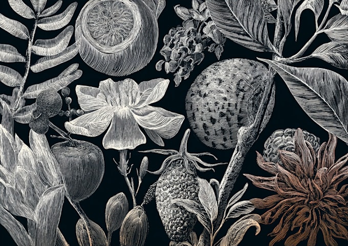 make animal and botanical linocut doodle illustration