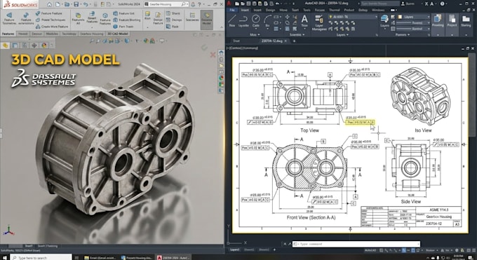 create 3d cad and 2d cad drawings or technical drafts in autocad or solidworks