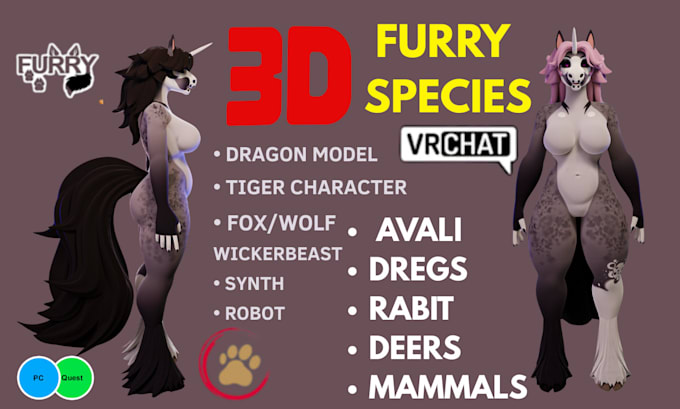 create unique 3d furry vrchat avatar nsfw vtuber model protogen dragon wolf