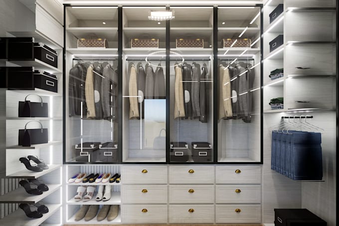 design walk in closet and wardrobe with realistic 3d render