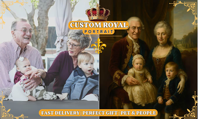 create a custom royal portrait of you, your family, or your pet