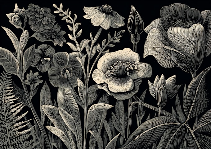 illustrate botanical and animal linocut illustration