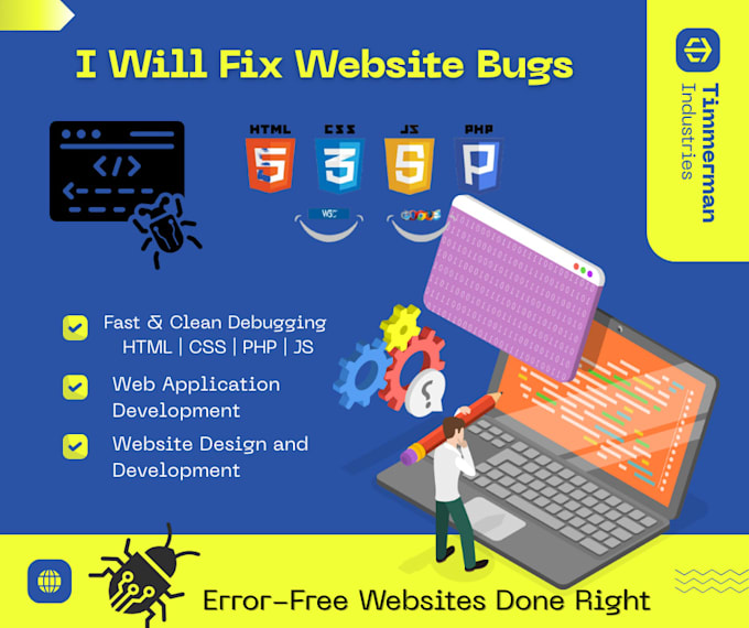 fix website bugs or errors in HTML, CSS, javascript, or PHP