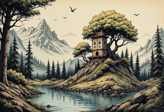 draw fantasy map elements in vector  house  tower tree lake