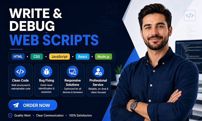 write and debug scripts in html css javascript react node js