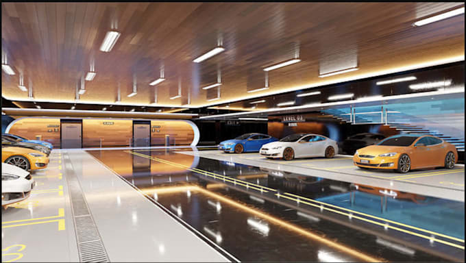 render 3d interior car park, garage, underground park, motor park, car studio
