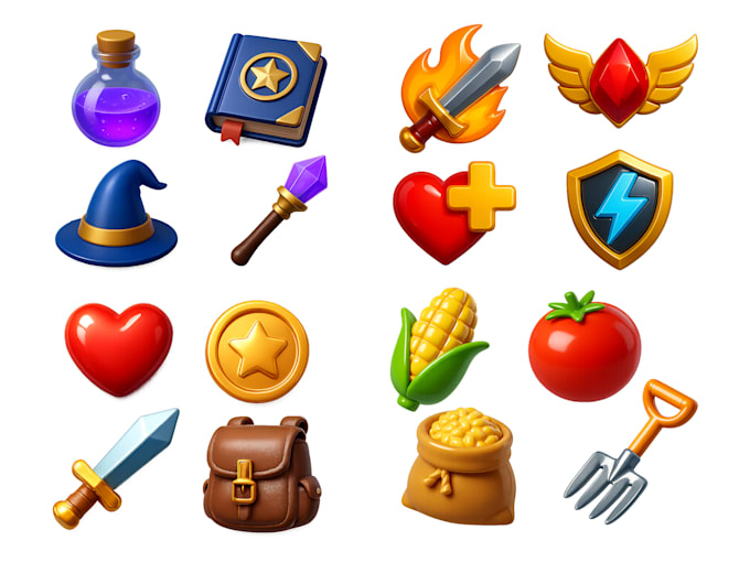 design fantasy 2d or 3d game icons for your project