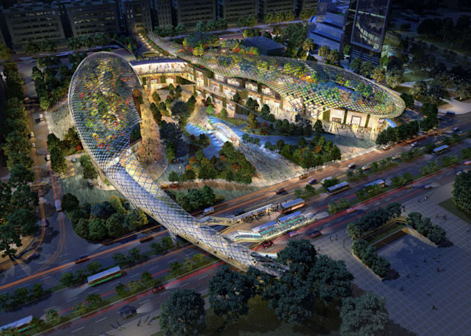 redesign 3d commercial complex,urban park,retail store rendering,rooftop garden