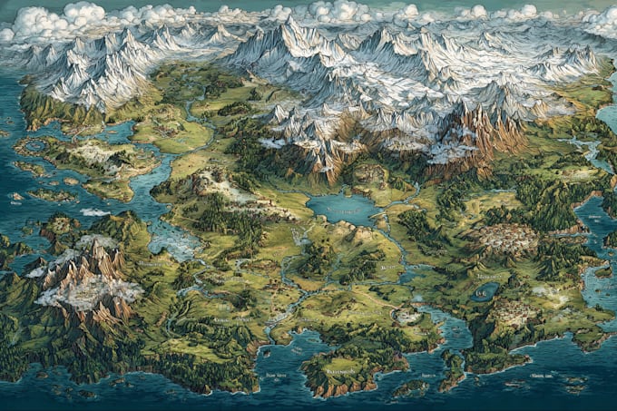 draw a fantasy world map design or landscape