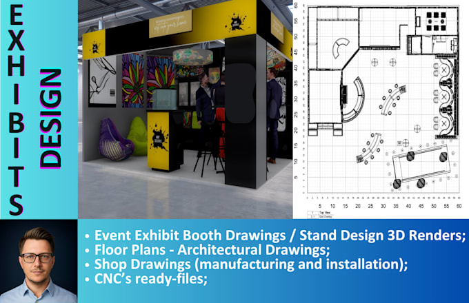 do 3d modeling and render, trade show booth design