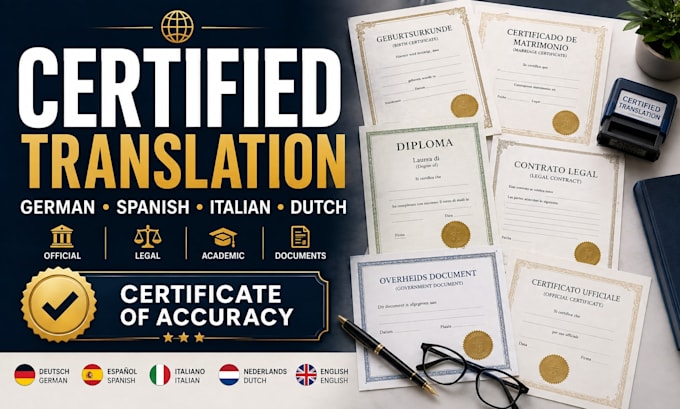 provide certified german spanish italian dutch translation of official documents
