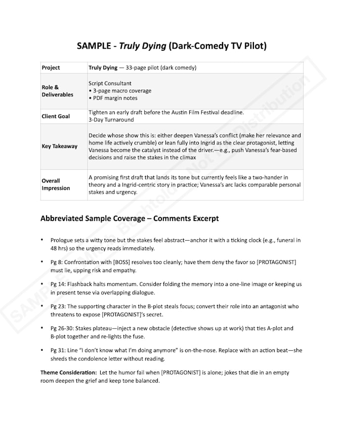 provide script coverage and screenplay notes