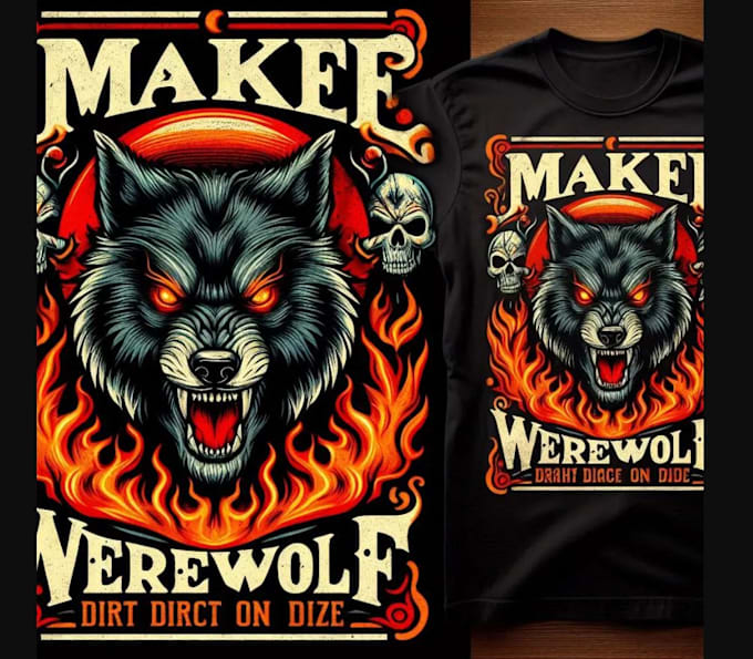 make t shirts fiery werewolf head logo and dark gothic theme