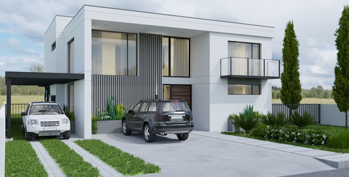 redesign real estate house exterior design, car garage, balcony, cgi landscape,