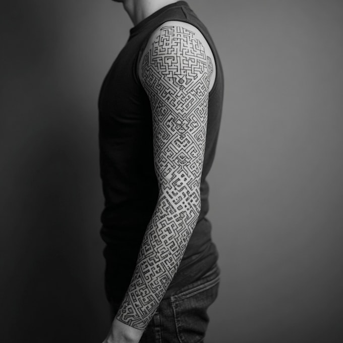 do tattoo design linework, geometrical sleeve tattoo