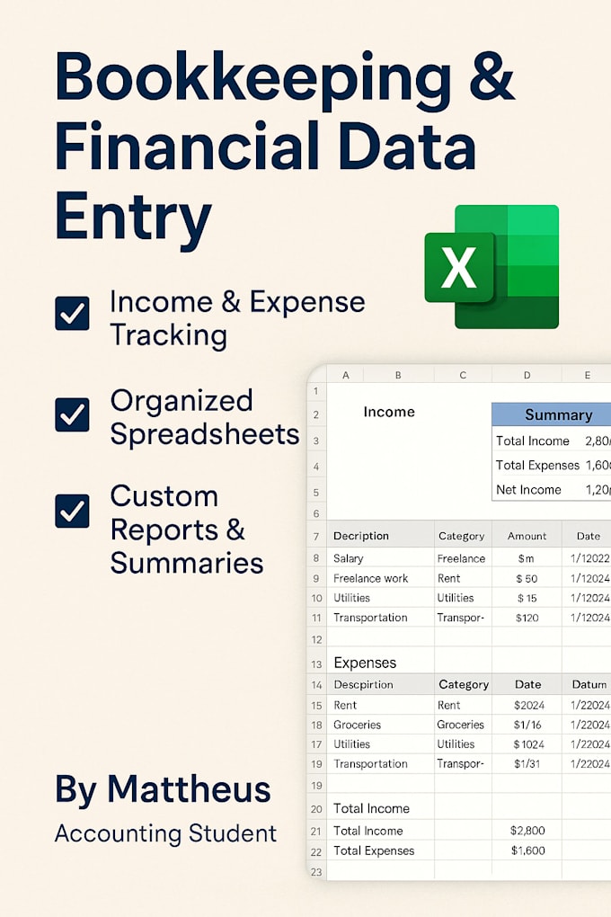 do basic bookkeeping or financial data entry in excel