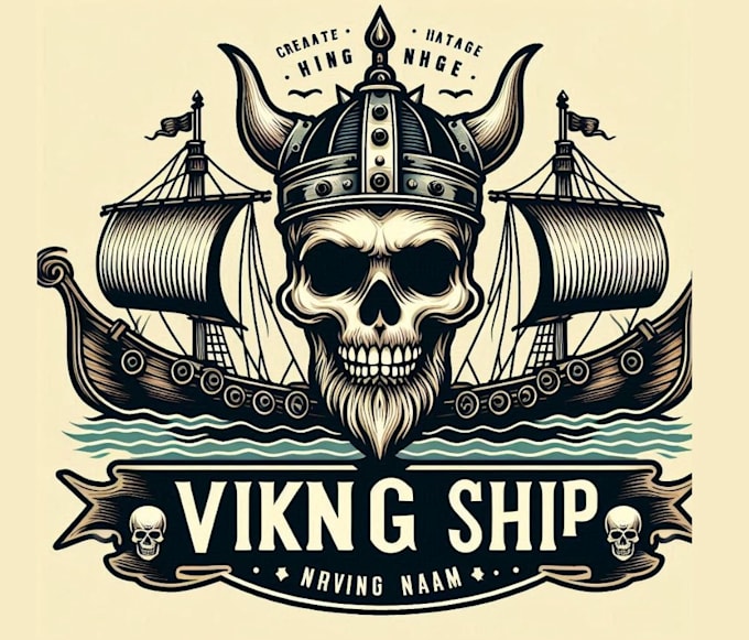 create vintage skull viking ship logo