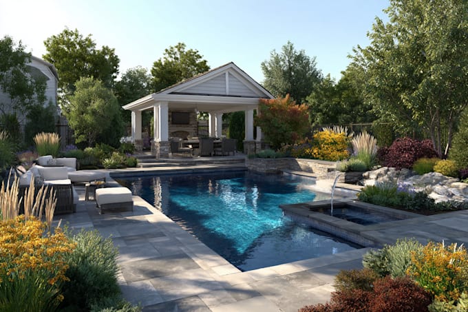do modern landscape rendering, backyard, pool patio, garden,
