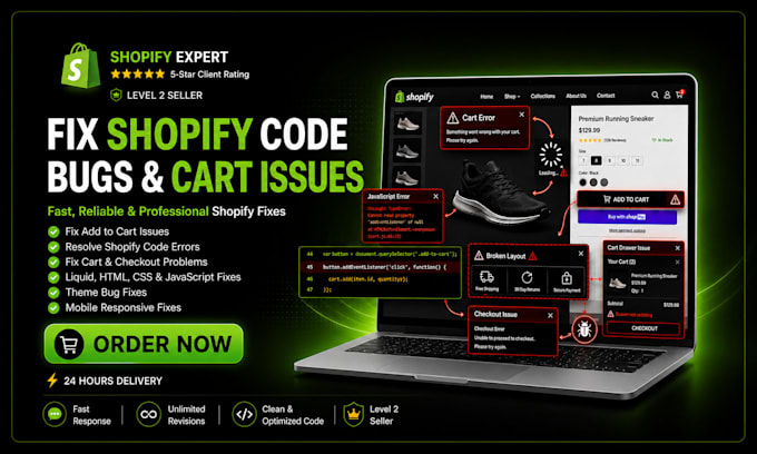 fix shopify code errors, product cart issues within 1 hour