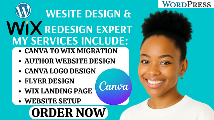 design author website, canva website, canva logo, flyer, canva to wix migration