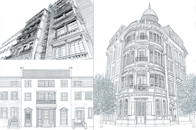 draw detailed building vector line art