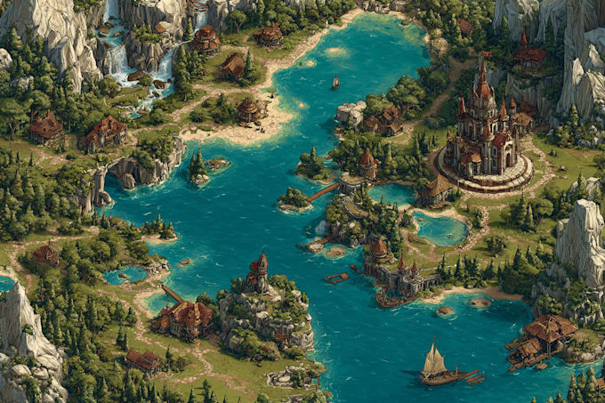 create a map illustration, fantasy map, city map tourist map