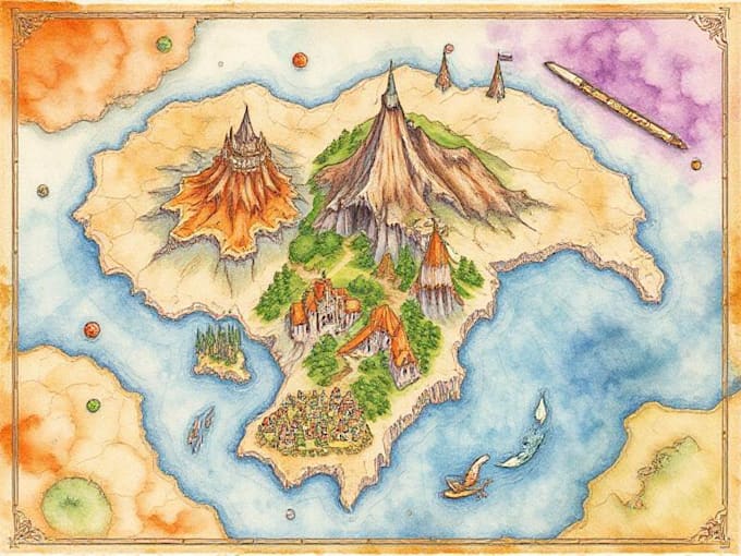 Do a watercolor fantasy map or sourvenir map illustration by Arnoarais ...