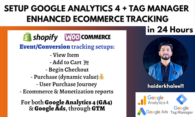 set up google analytics 4 ga4 and GTM ecommerce tracking shopify and woocommerce