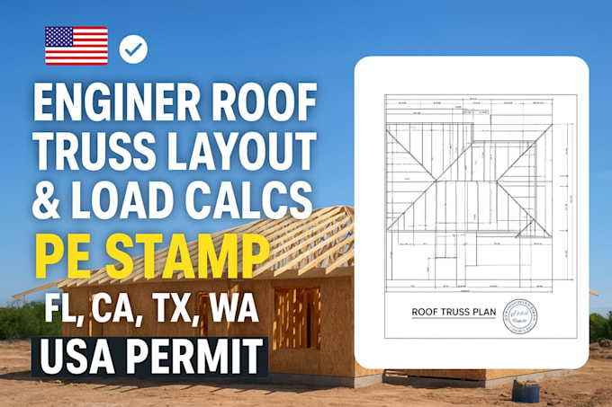 engineer roof truss layout, load calcs, pe stamp fl, ca, tx, wa, USA permit