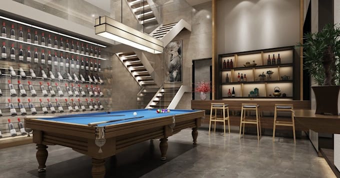 render 3d billiard gaming room,snooker room decor,bar,sports facility, lightning