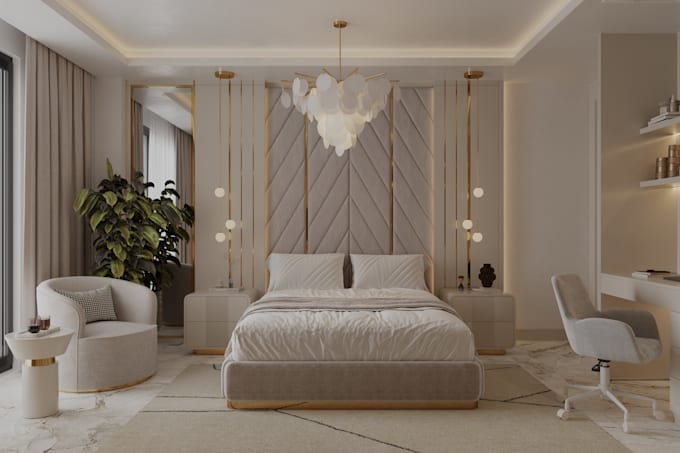 create a bedroom interior design with realistic 3d renders