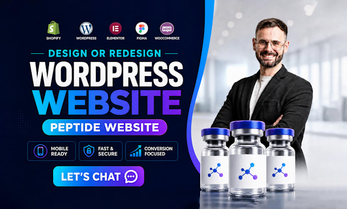 design wordpress website, woocommerce store, landing page, and peptide site