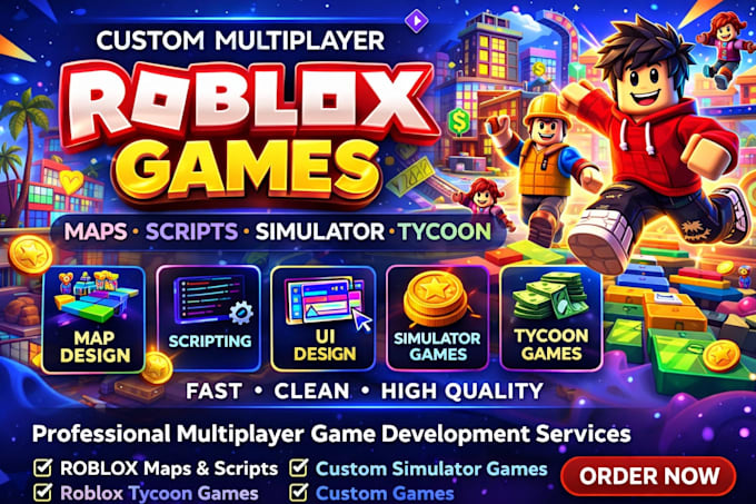 build multiplayer roblox game,map,script,vfx simulator, tycoon game roblox game